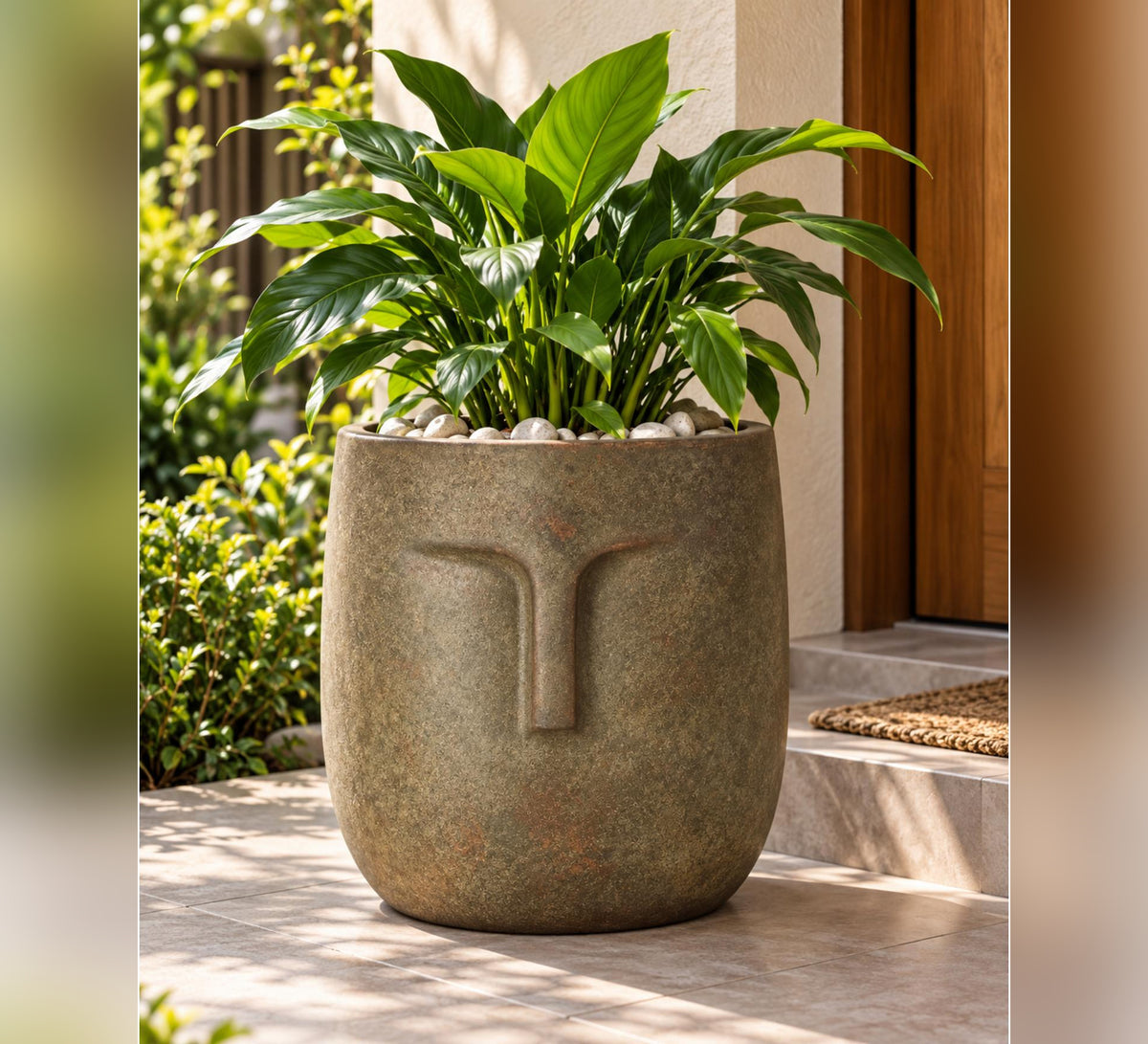 Zen Face Outdoor Planter – Antique Bronze - Lifestyle