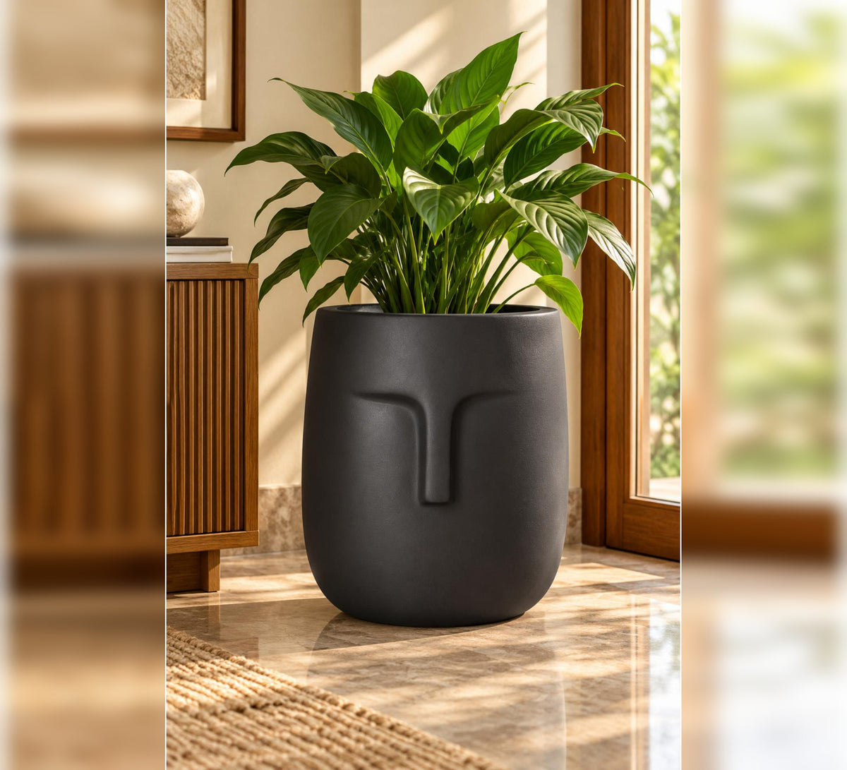 Sculpted Face Indoor Planter – Matte Black - Lifestyle