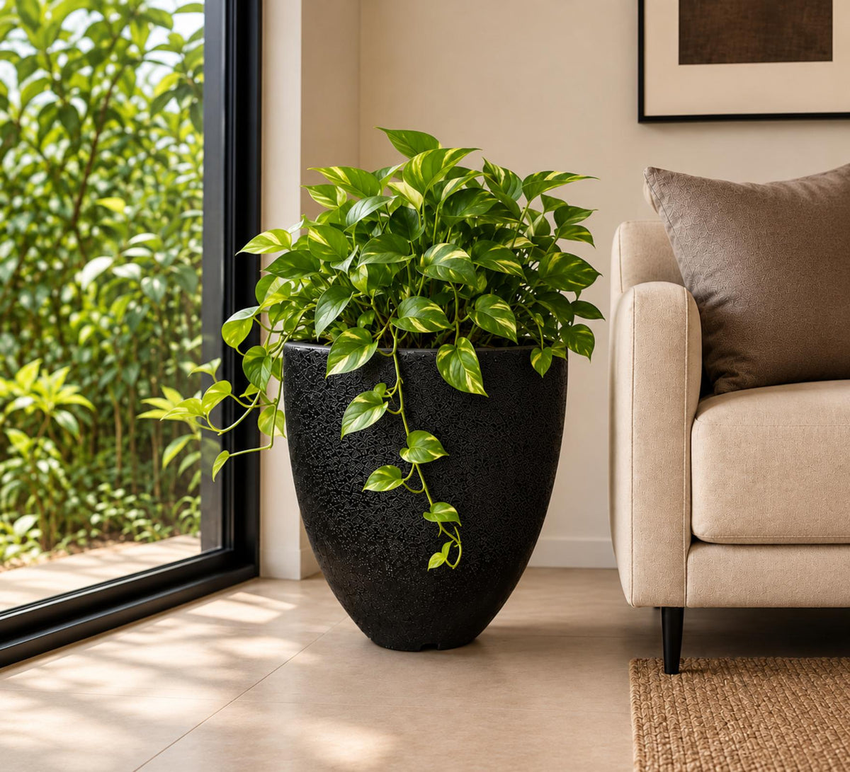 Modern Textured Round Planter – Black - Lifestyle