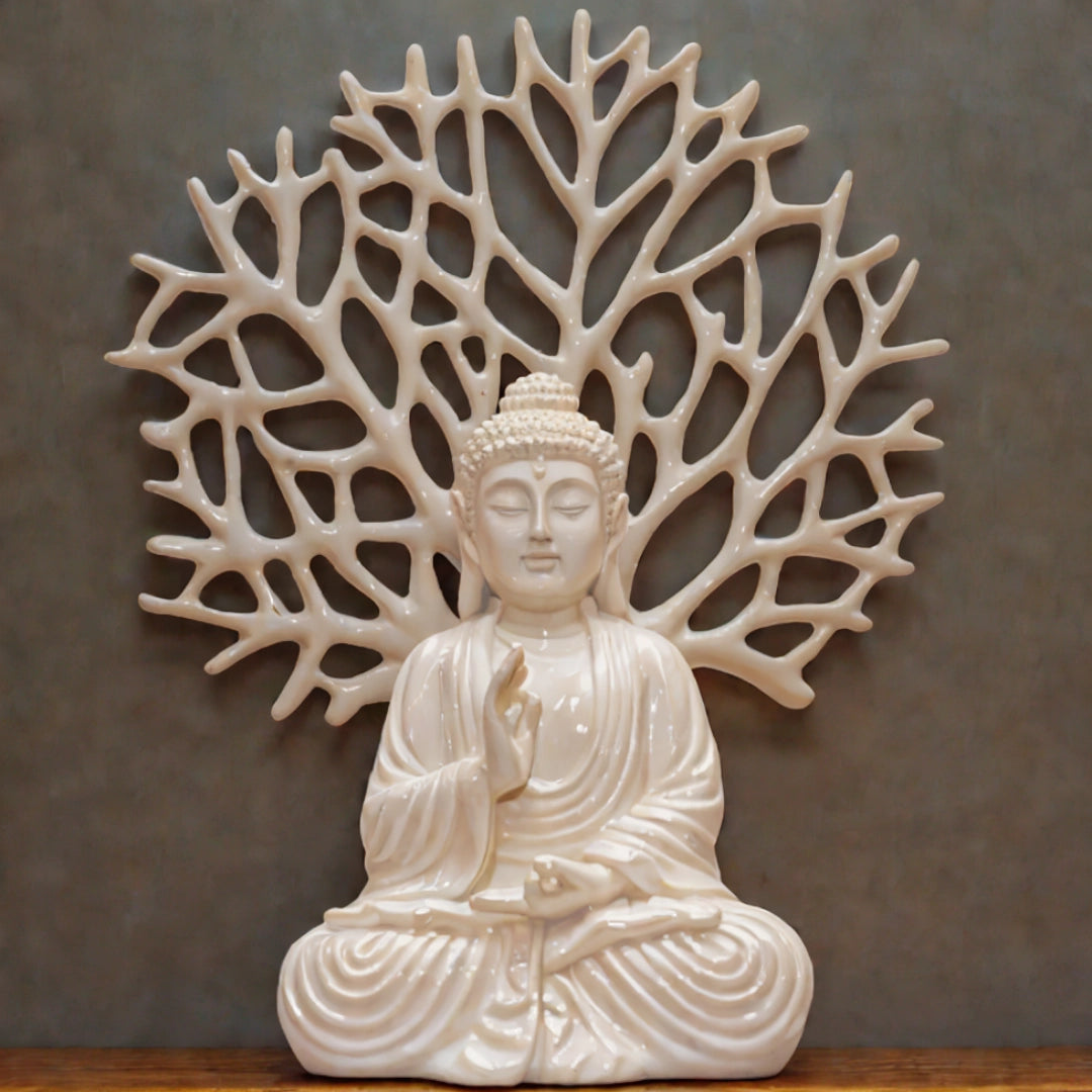 Ashnam Blessing Buddha with Tree Decorative Showpiece – 31.3 Cm, White