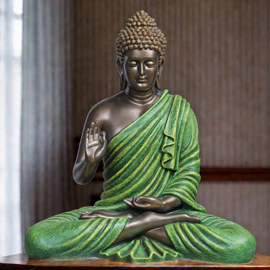 Blessing Buddha 15 Inch Decorative Showpiece – Bronze & Green