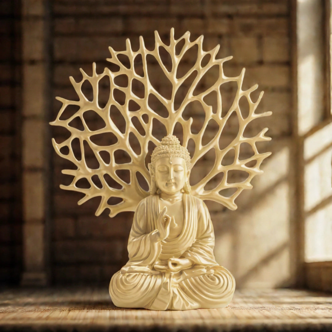 Ashnam Blessing Buddha with Tree Decorative Showpiece – 31.3 Cm, Cream Orange