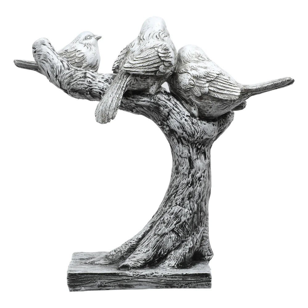 Decorative Bird Showpiece Standing On Tree, 26.6cm, White & Grey