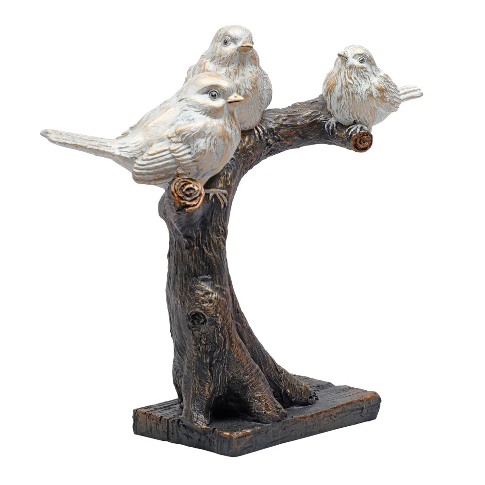 Decorative Bird Showpiece Standing On Tree, 26.6cm, White & Bronze