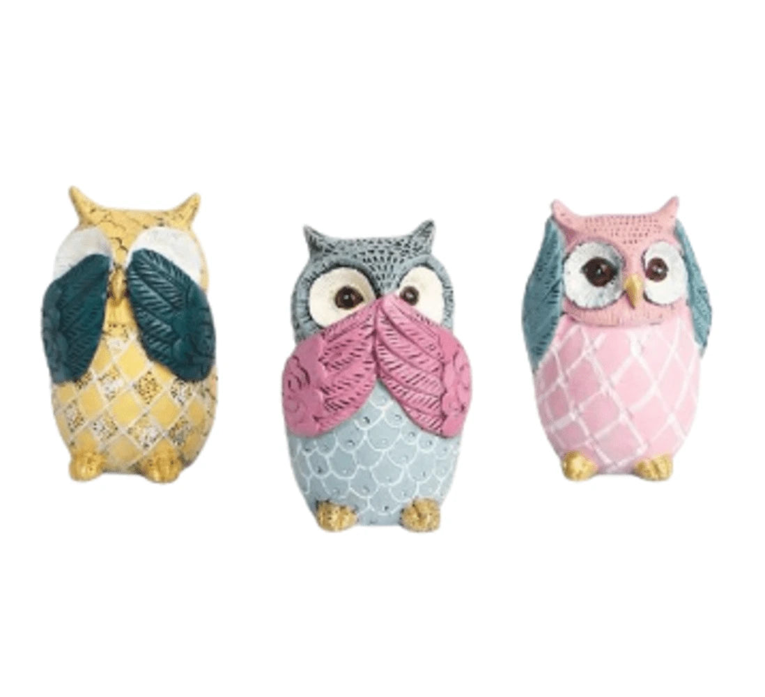 Owl Figurines Decor See No Evil, Hear No Evil, Speak No Evil Cute Owl Statue, 9 cm, Multicolor (Set of 3)