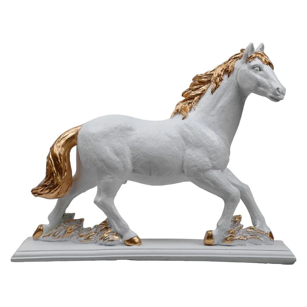 Polyresin Horse Sculpture Showpiece, 29.5cm, White & Gold