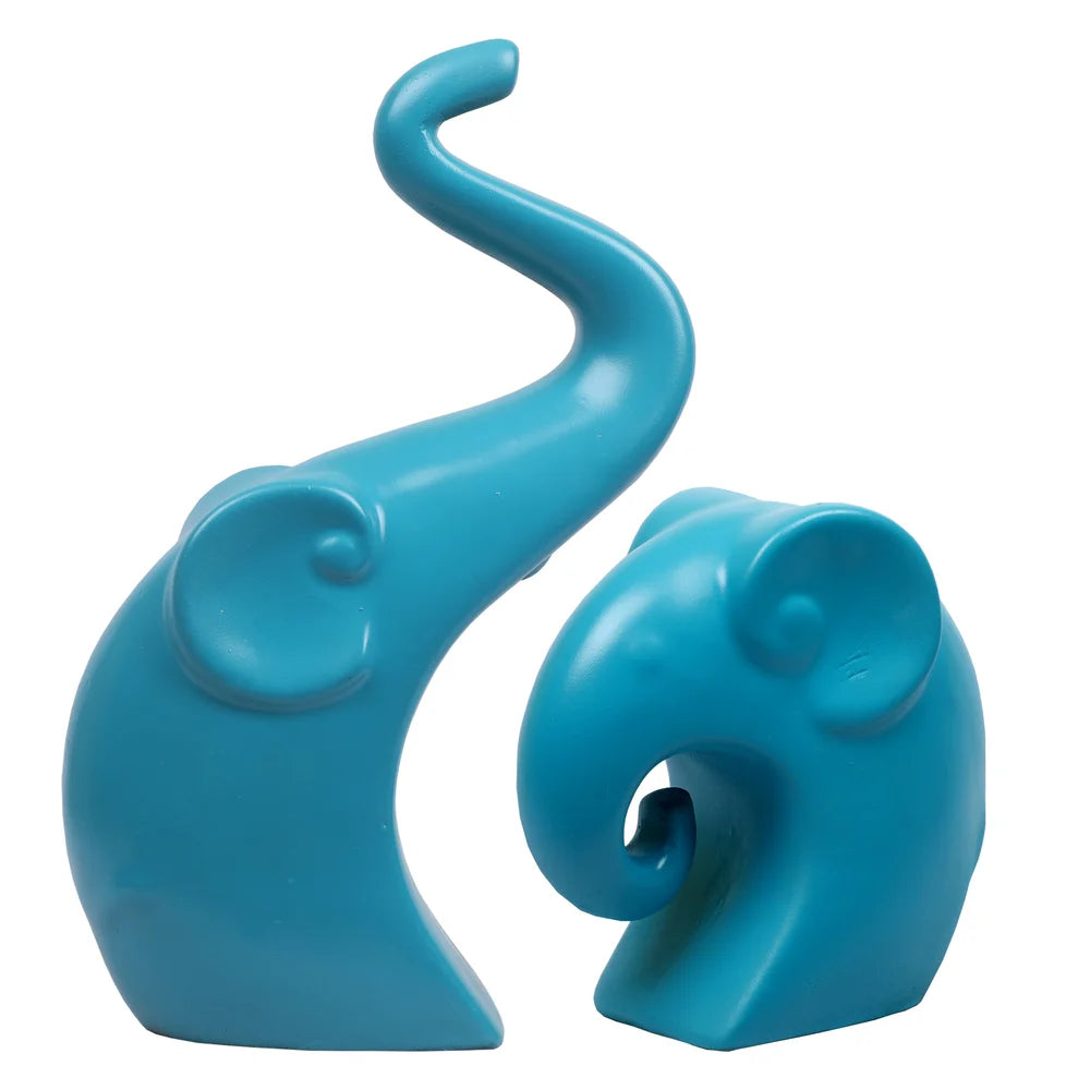 Mom and Baby Elephant Resin Animal Figurine, 22.2cm, Turqoise Blue