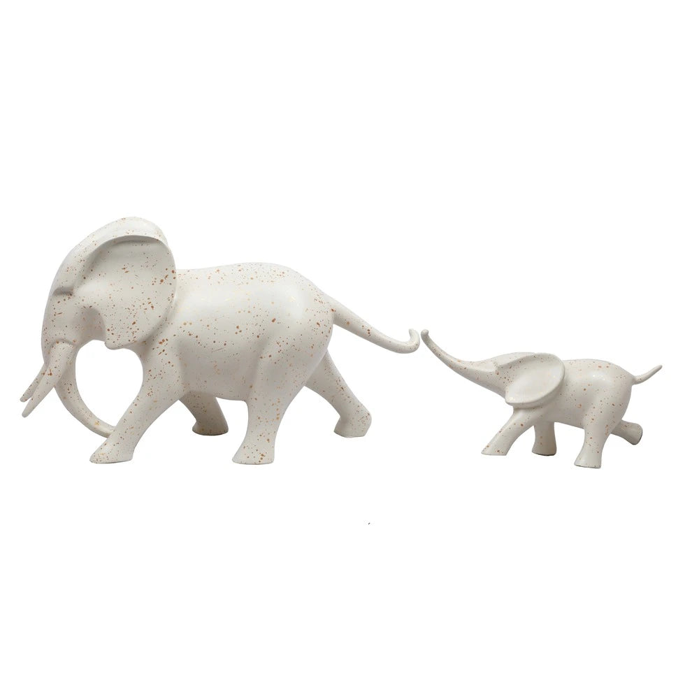 Mom and Baby Elephant Resin Animal Figurine, 24.4cm, White & Gold
