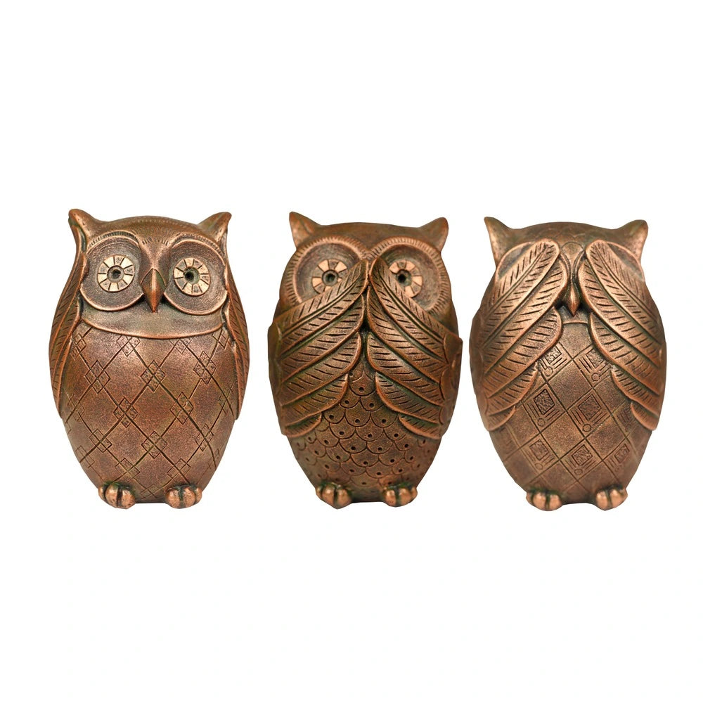 Owl Figurines Decor See No Evil, Hear No Evil, Speak No Evil Cute Owl Statue, 14.5cm, Bronze (Set of 3)