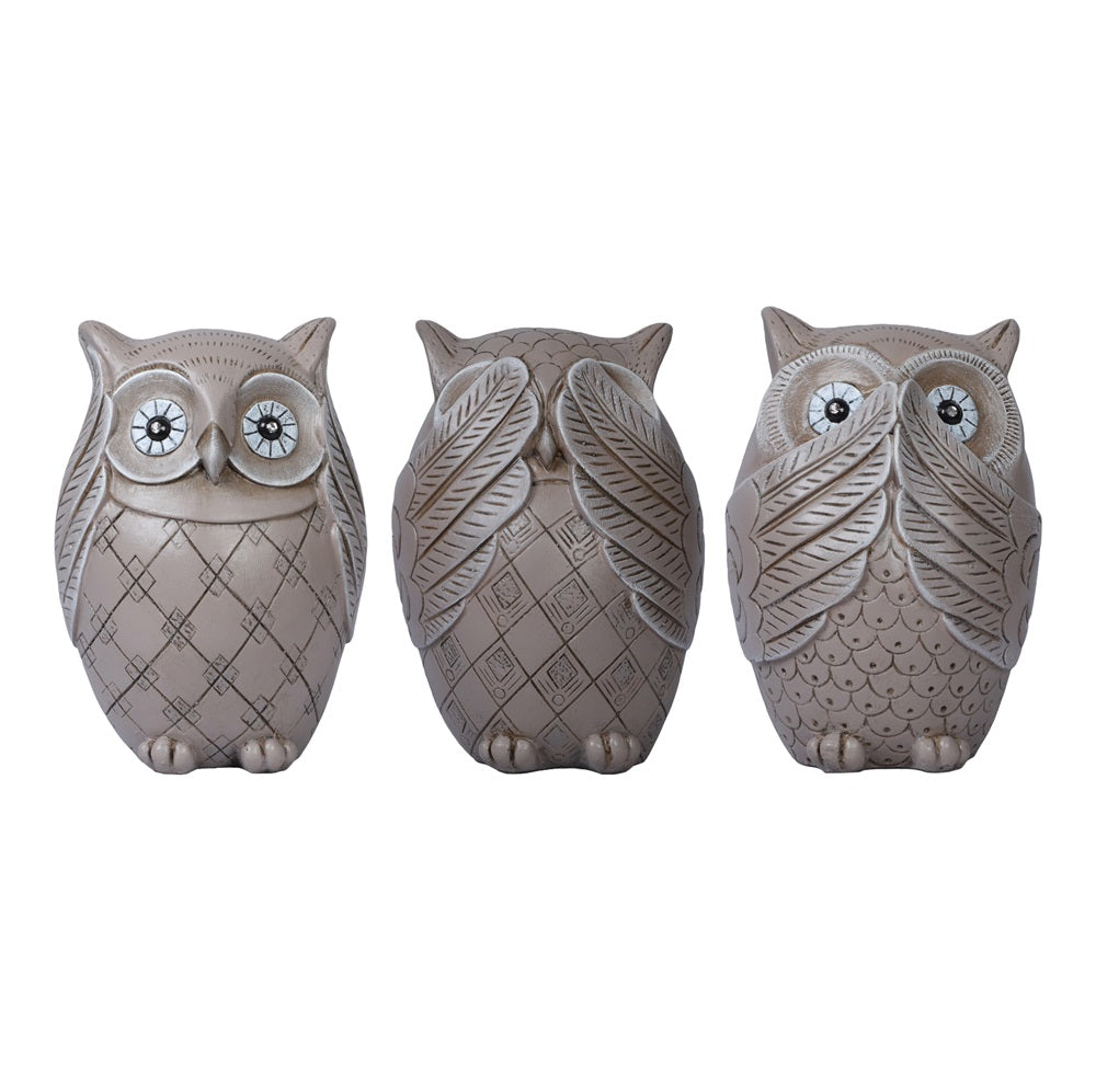 Owl Figurines Decor See No Evil, Hear No Evil, Speak No Evil Cute Owl Statue - Rust Iron, 14.5cm (Set of 3)