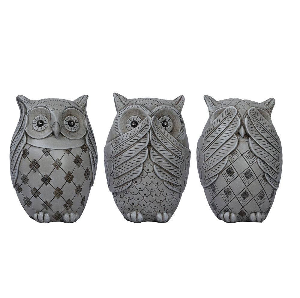 Owl Figurines Decor See No Evil, Hear No Evil, Speak No Evil Cute Owl Statue - Rust Grey, 14.5cm (Set of 3)
