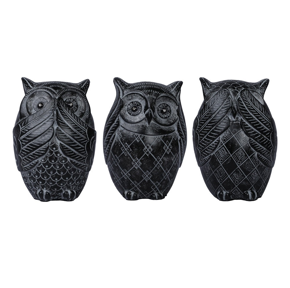 Owl Figurines Decor See No Evil, Hear No Evil, Speak No Evil Cute Owl Statue - Black, 14.5cm (Set of 3)