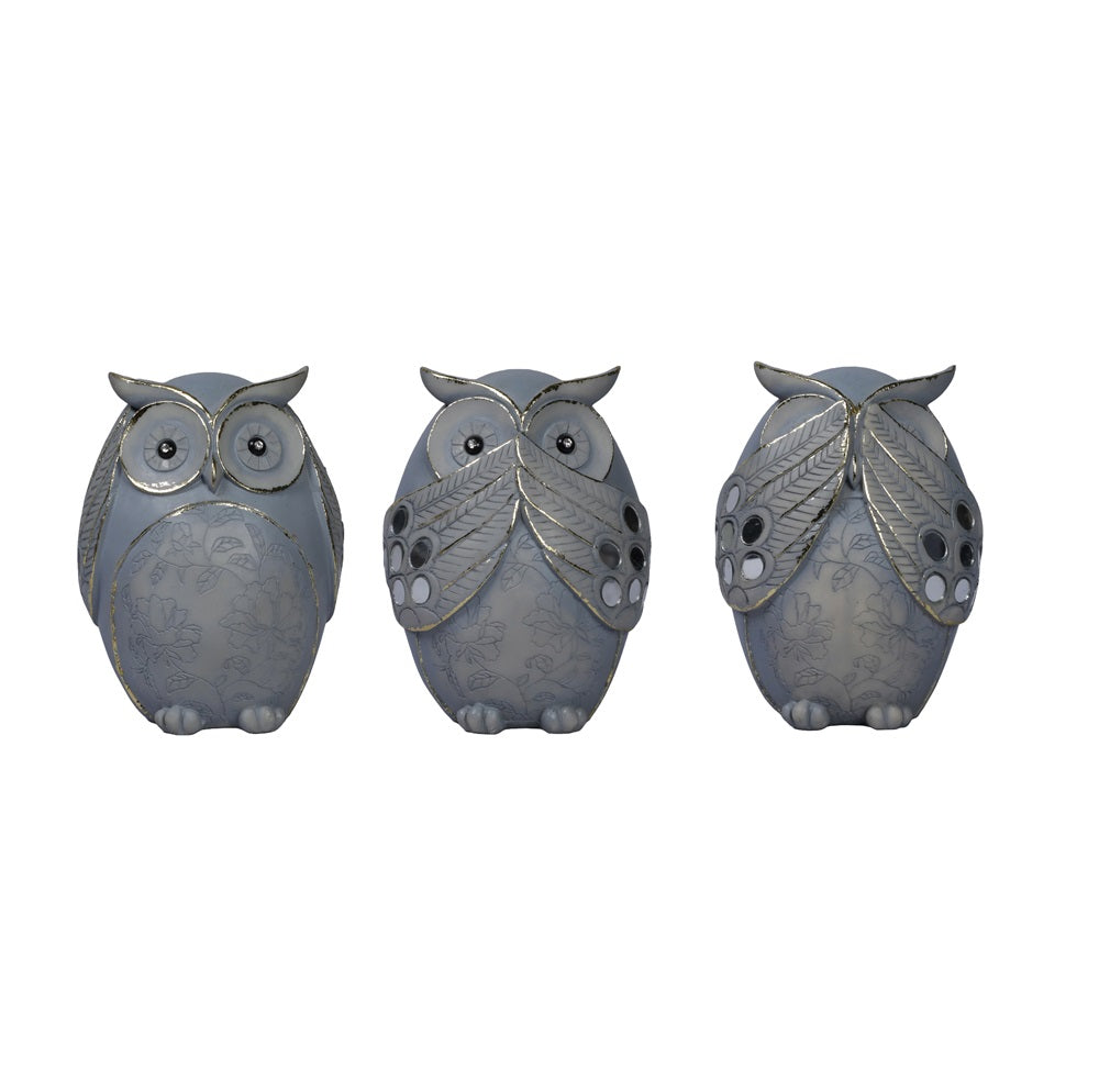 Owl Figurines Decor See No Evil, Hear No Evil, Speak No Evil Cute Owl Statue - Antique Grey, 14.5cm (Set of 3)