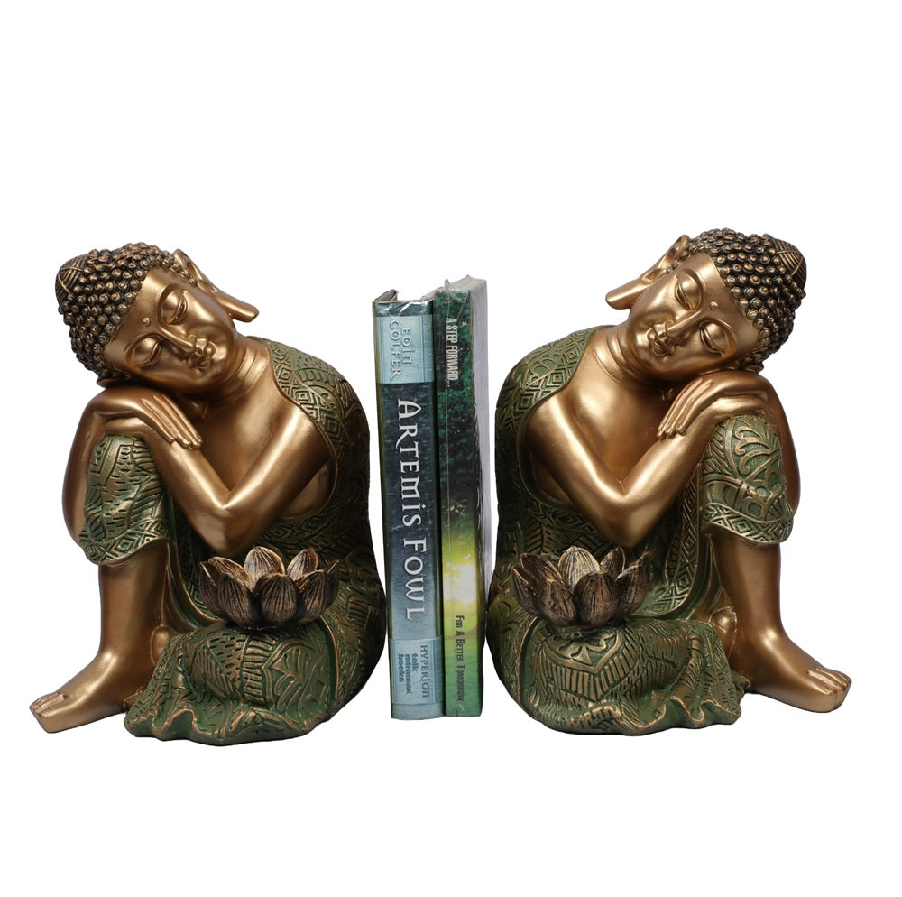 Ashnam Resting Buddha Bookend - Left Side & Right Side, Set of Two - Gold & Green, 23cm
