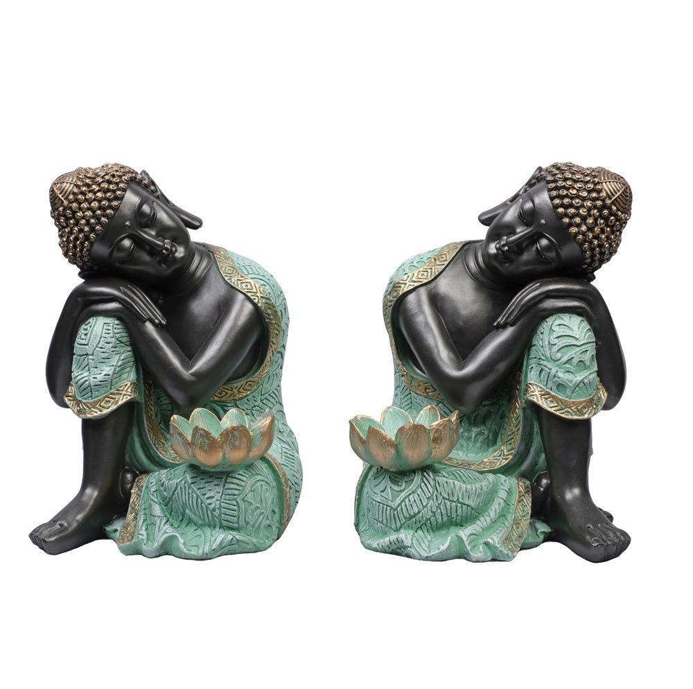 Ashnam Resting Buddha Bookend - Left Side & Right Side, Set of Two - Black & Pista, 23cm