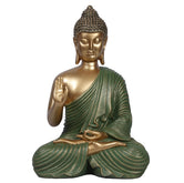 Ashnam Blessing Buddha Statue in Gyana Mudra With Hand Raised - Green Gold, 27 Cm