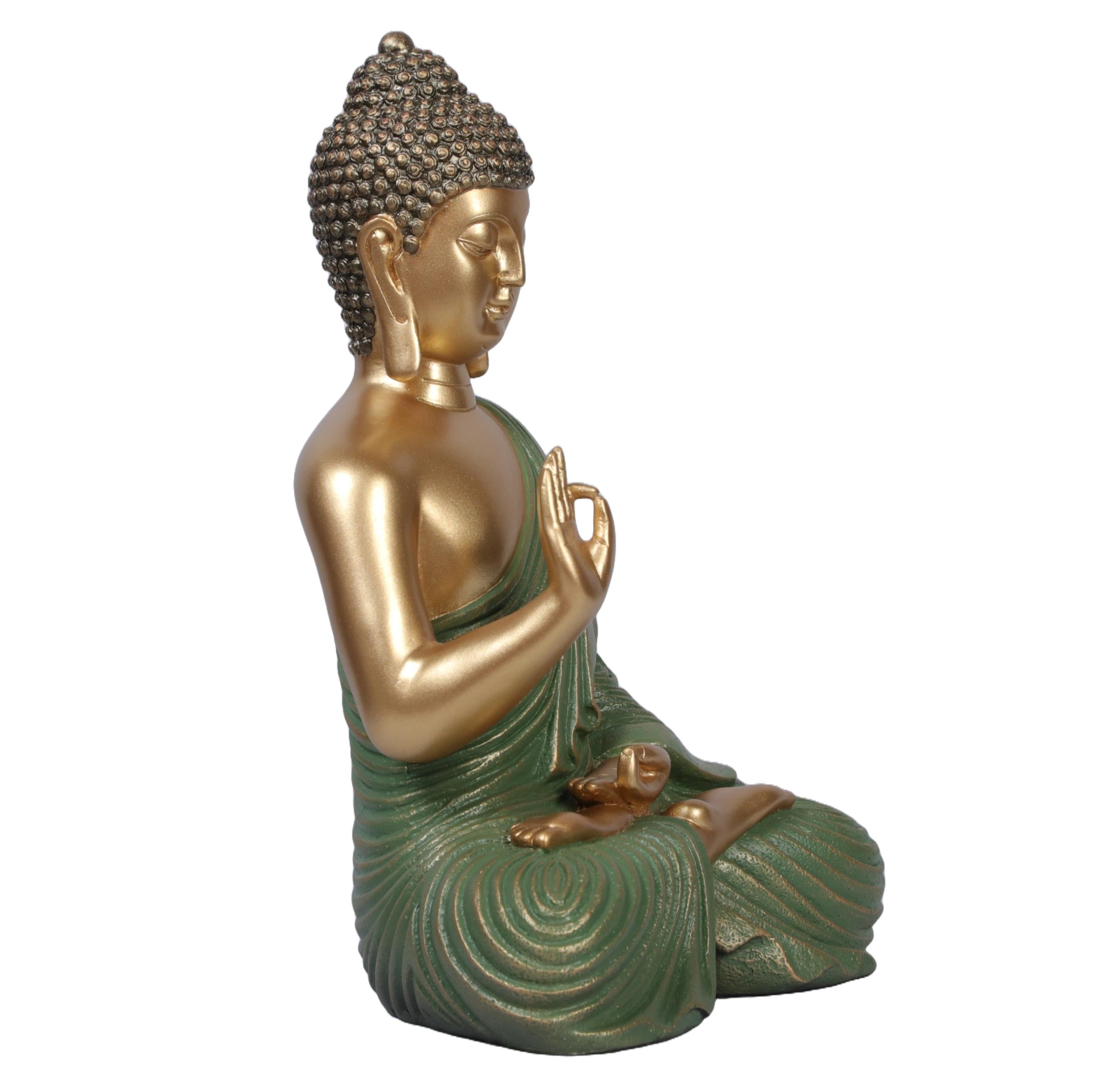 Ashnam Blessing Buddha Statue in Gyana Mudra With Hand Raised - Green Gold, 27 Cm