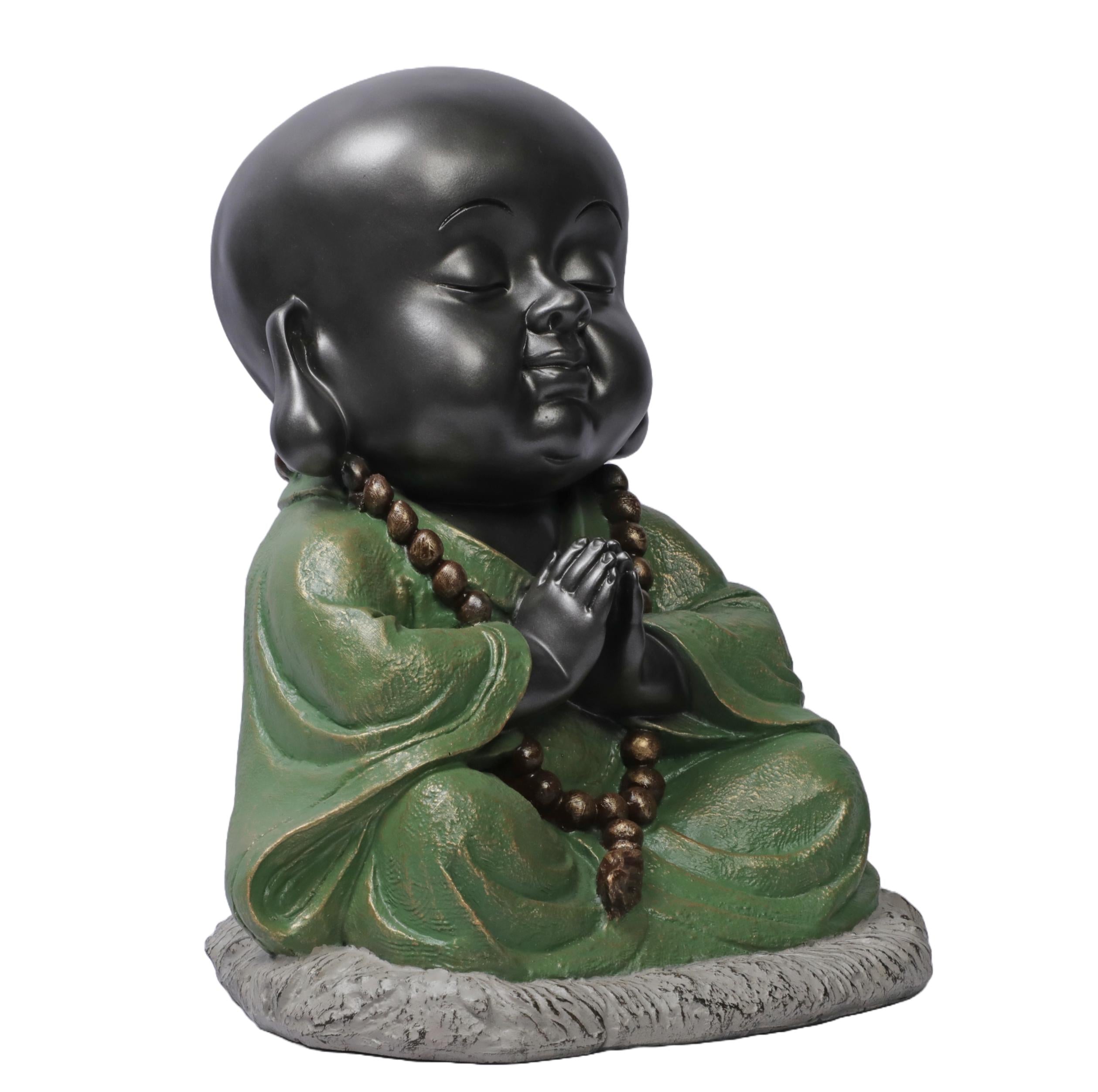 Ashnam Baby Monk Statue Engaged in Prayer - Black Green, 30 Cm
